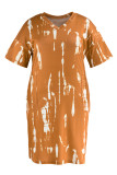 Orange Fashion Casual Plus Size Print Basic V Neck Short Sleeve Dress