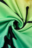グリーン イエロー ファッション カジュアル グラデーション プリント ベーシック 斜め襟 長袖 ツーピース