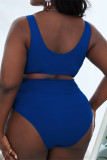 Blue Sexy Solid Hollowed Out Backless V Neck Plus Size Swimwear