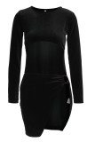 Black Fashion Sexy Solid Hollowed Out Patchwork O Neck Long Sleeve Dresses