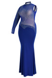 Azul sexy plus size perfuração quente retalhos transparente vestido de noite de gola alta