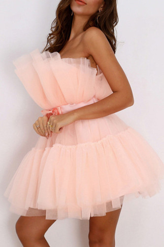 Bare Color Sexy Solid Patchwork Asymmetrical Strapless Evening Dress Dresses