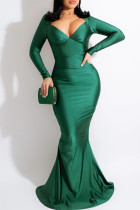 Зеленое модное сексуальное твердое вечернее платье с открытой спиной и V-образным вырезом с длинными рукавами