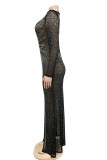 Black Fashion Sexy Patchwork Hot Drilling See-through Slit O Neck Evening Dress