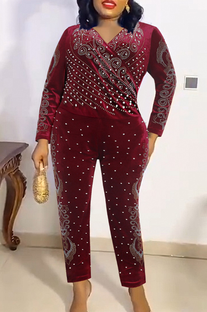 

Purplish Red Fashion Casual Patchwork Hot Drill V Neck Plus Size Jumpsuits