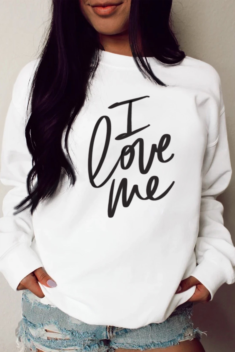 

White Fashion Casual Print Split Joint Letter O Neck Tops