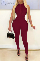 Burgundy Casual Solid Patchwork Hot Drill O Neck Regular Jumpsuits