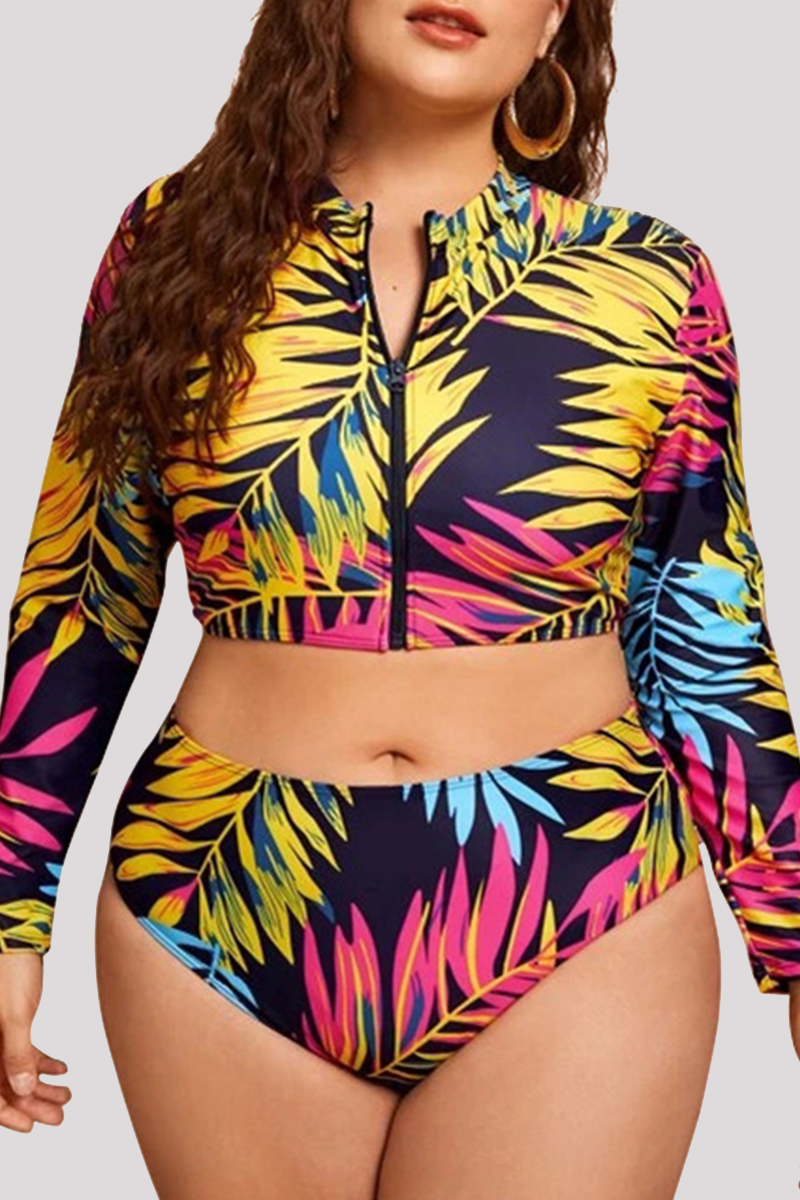 

Multicolor Sexy Print Basic Zipper Collar Plus Size Long Sleev Swimwear Set