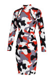 Grijze Mode Sexy Camouflage Print Uitgeholde Coltrui Lange Mouwen Jurken