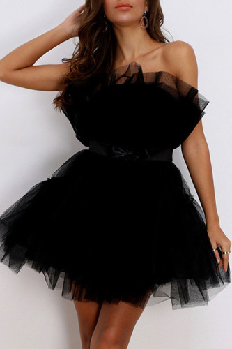 Black Sexy Solid Patchwork Asymmetrical Strapless Evening Dress Dresses