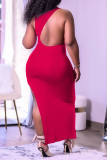 Red Sexy Print Patchwork Backless Slit Asymmetrical O Neck Irregular Dress Dresses
