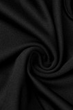 ブラックファッションソリッド包帯ドローストリングスリットOネック長袖ドレス