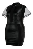 Negro Sexy Patchwork liso transparente O cuello falda de un paso vestidos de talla grande