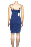 Blue Sexy Patchwork Spaghetti Strap Sleeveless Denim Dresses
