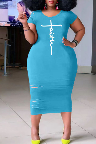 Light Blue Casual Print Ripped Patchwork O Neck Straight Plus Size Dresses