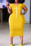 Amarelo casual estampa rasgado patchwork gola redonda vestidos plus size