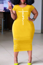 Gele casual print gescheurd patchwork O-hals rechte grote maten jurken