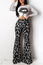 Black adult Casual Fashion Print Lips Print Leopard Two Piece Suits Boot Cut Long Sleeve Two-pi