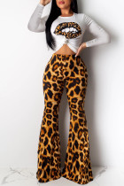 Brown adult Casual Fashion Print Lips Print Leopard Two Piece Suits Boot Cut Long Sleeve Two-pi