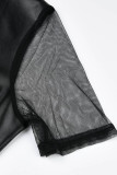 黒のセクシーな固体パッチワーク シースルー O ネック ワン ステップ スカート プラス サイズ ドレス