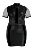 Black Sexy Solid Patchwork See-through O Neck One Step Skirt Plus Size Dresses