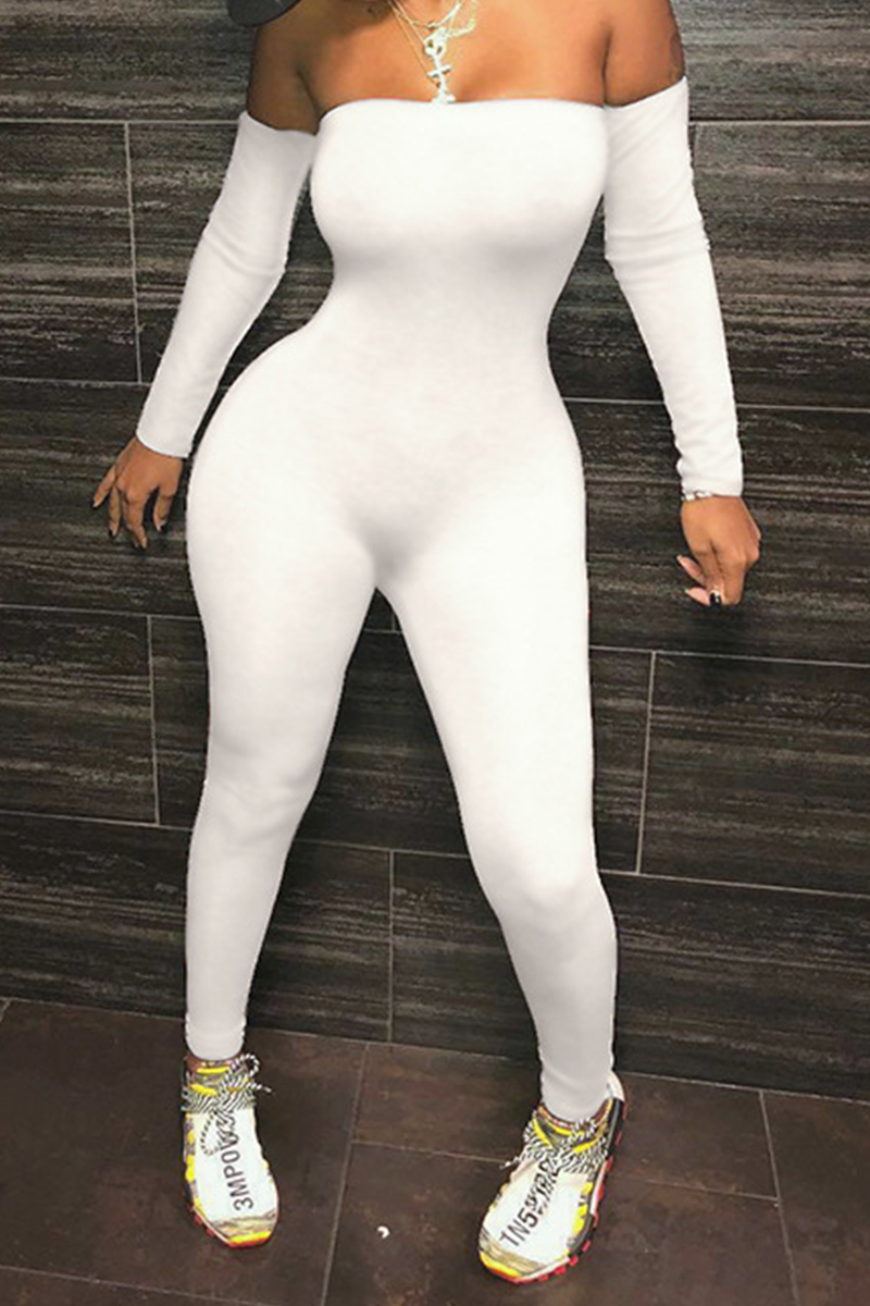 

White Sexy Solid Split Joint Off the Shoulder Skinny Jumpsuits