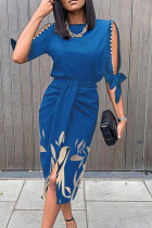Marinblå mode Casual Print ihåliga klänningar med vik o-ringning