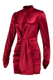Vinröd Mode Casual Solid Patchwork Långärmade klänningar med turtleneck