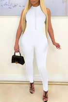 White Casual Solid Patchwork Hot Drill O Neck Regular Jumpsuits