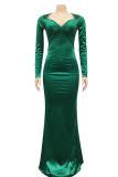 Зеленое модное сексуальное твердое вечернее платье с открытой спиной и V-образным вырезом с длинными рукавами