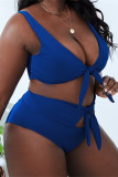 Blaue, sexy, solide, ausgehöhlte, rückenfreie Badebekleidung mit V-Ausschnitt in Übergröße
