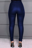 Solido blu alla moda casual con pantaloni skinny a vita alta con cintura