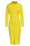 Желтые сексуальные однотонные лоскутные платья с круглым вырезом и юбкой-карандашом