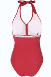 Red Sexy Solid Patchwork Backless Swimwears