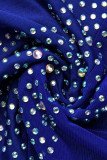 Blaues, sexy, heißes, durchbohrtes, Patchwork-Rollkragen-Abendkleid in Übergröße