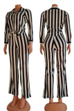 Black White Casual Striped Print Patchwork Buckle Turndown Collar Long Sleeve Two Pieces