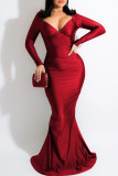 Robe de soirée à manches longues à col en V solide et sexy à la mode rouge