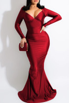 Red Fashion Sexy Solid Backless V-образным вырезом с длинными рукавами Вечернее платье