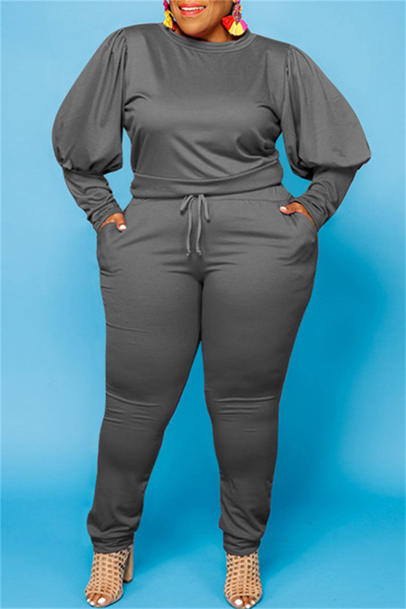 

Dark Gray Fashion Casual Solid Basic O Neck Plus Size Two Pieces