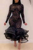 Vestido preto sexy sólido patchwork transparente com decote em O vestido de renda