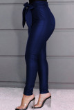 Solido blu alla moda casual con pantaloni skinny a vita alta con cintura