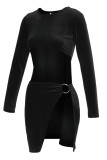 ブラックファッションセクシーなソリッドくり抜かれたパッチワークOネック長袖ドレス