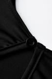 Vestidos de manga larga con cuello en O y abertura en la cuerda con tiras de vendaje sólido de moda negra