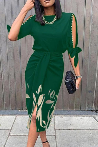 Green Fashion Casual Print Hollowed Out Fold O Neck Dresses