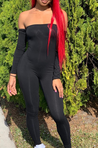 Black Sexy Solid Patchwork Off the Shoulder Skinny Jumpsuits