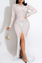 Vestido de noche con escote en O con abertura transparente y perforación en caliente de retazos sexy de moda blanca