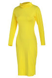 Желтые сексуальные однотонные лоскутные платья с круглым вырезом и юбкой-карандашом