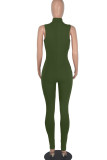 Army Green Casual Solid Patchwork Hot Drill O Neck Regular Jumpsuits