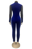 Blå Mode Sexiga Patchwork Paljetter Genomskinliga Half A Turtleneck Skinny Jumpsuits