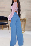 Mittelblaue, modische, lässige, solide, zerrissene Schlitz-Jeans mit hoher Taille und normaler Denim-Jeans